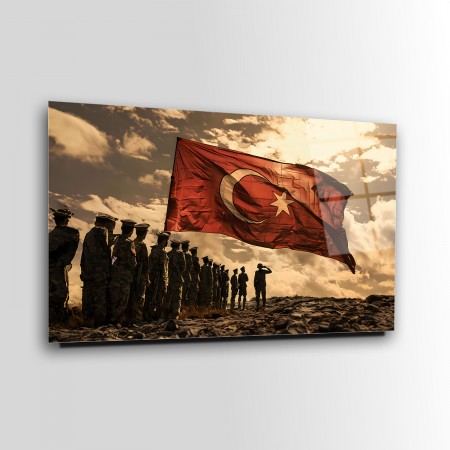 Türk Bayrağı Ve Askerler Cam Tablo