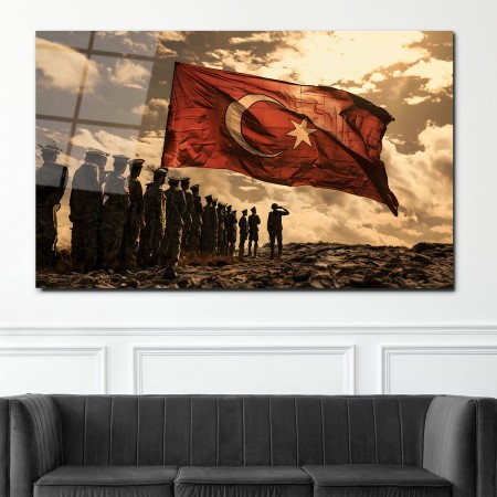 Türk Bayrağı Ve Askerler Cam Tablo