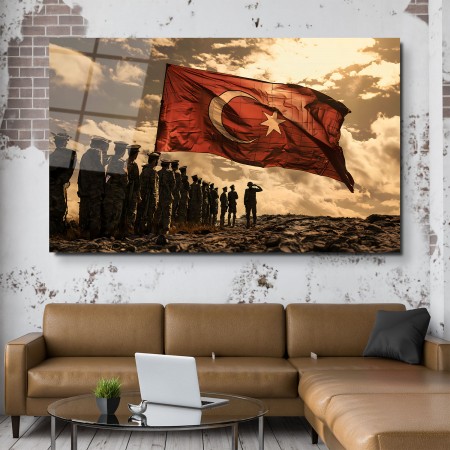 Türk Bayrağı Ve Askerler Cam Tablo