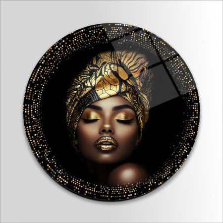 Gold Afrikalı Kadın Yuvarlak Cam Tablo 