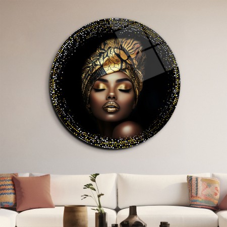 Gold Afrikalı Kadın Yuvarlak Cam Tablo 