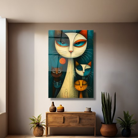 Renklerin Kedileri Cam Tablo