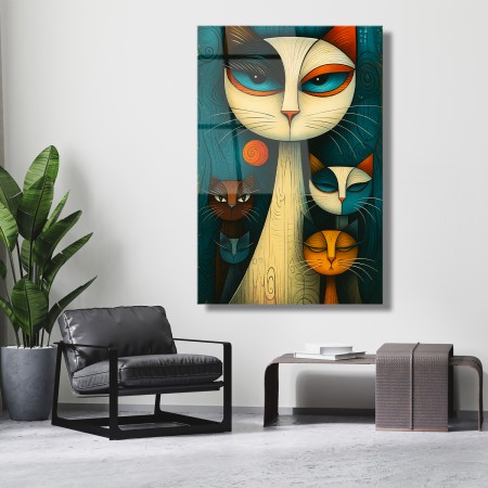 Renklerin Kedileri Cam Tablo