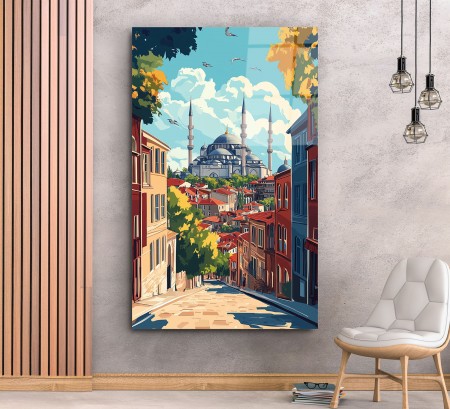 Cami Manzaralı İstanbul Sokağı Cam Tablo