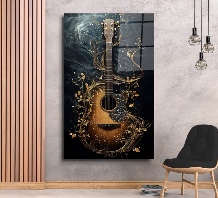 Çiçekli Gitar Cam Tablo