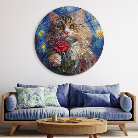 Çiçekli Kedi Cam Tablo