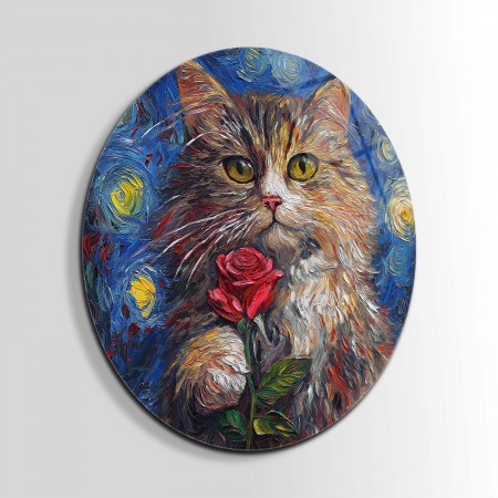 Çiçekli Kedi Cam Tablo