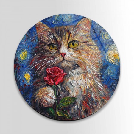 Çiçekli Kedi Cam Tablo