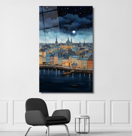 Gece Şehir Manzarası Cam Tablo