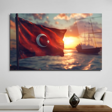 Gün Batımı Türk Bayrağı Cam Tablo