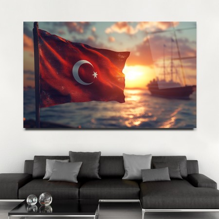 Gün Batımı Türk Bayrağı Cam Tablo
