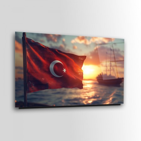 Gün Batımı Türk Bayrağı Cam Tablo