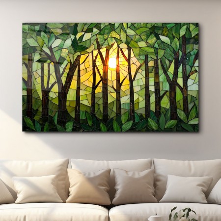 Mozaik Güneş Manzaralı Orman Cam Tablo