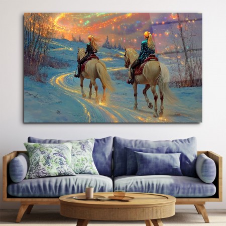 Kuzey Işıkları ve Atlar Cam Tablo