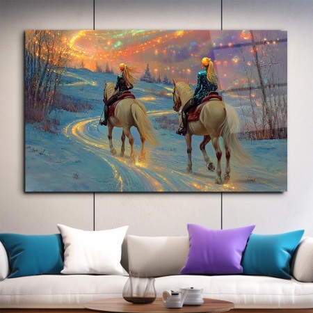 Kuzey Işıkları ve Atlar Cam Tablo