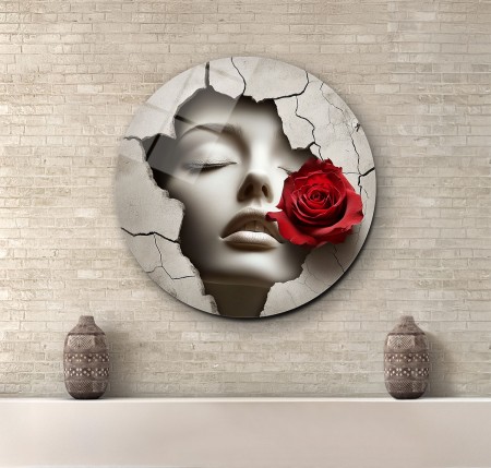 3D Kırık Duvardaki Kadın Cam Tablo