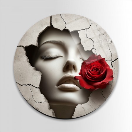 3D Kırık Duvardaki Kadın Cam Tablo