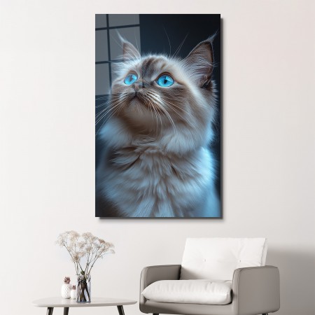 Mavi Gözlü Kedi Cam Tablo