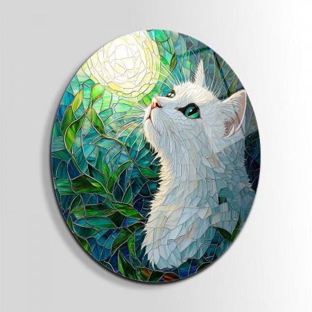 Mozaik Ay'a Bakan Kedi Cam Tablo