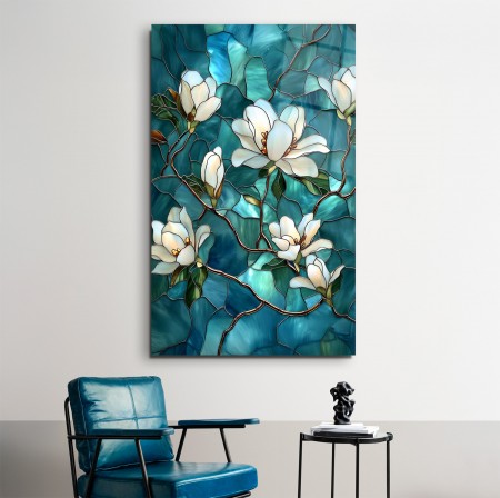 Mozaik Turkuaz Üstündeki Çiçekler Cam Tablo
