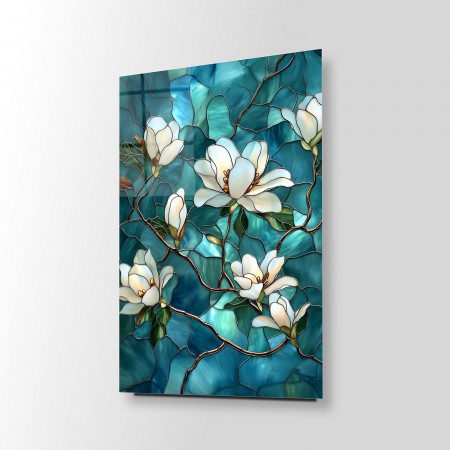 Mozaik Turkuaz Üstündeki Çiçekler Cam Tablo