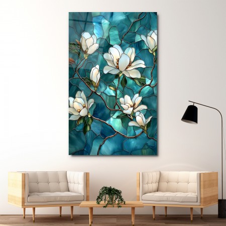 Mozaik Turkuaz Üstündeki Çiçekler Cam Tablo
