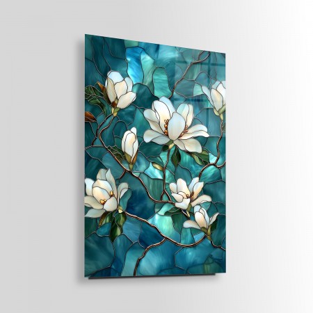 Mozaik Turkuaz Üstündeki Çiçekler Cam Tablo