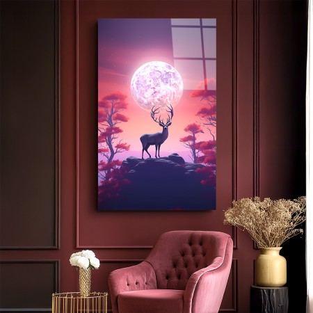 Pembe Gecedeki Geyik Cam Tablo