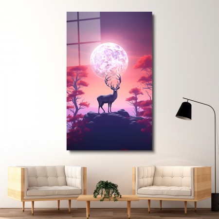 Pembe Gecedeki Geyik Cam Tablo