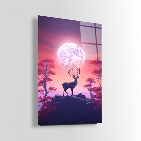 Pembe Gecedeki Geyik Cam Tablo