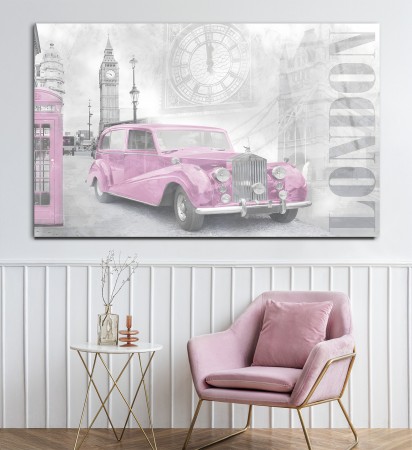 Pembe Londra Arabası Cam Tablo