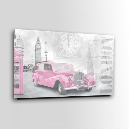 Pembe Londra Arabası Cam Tablo