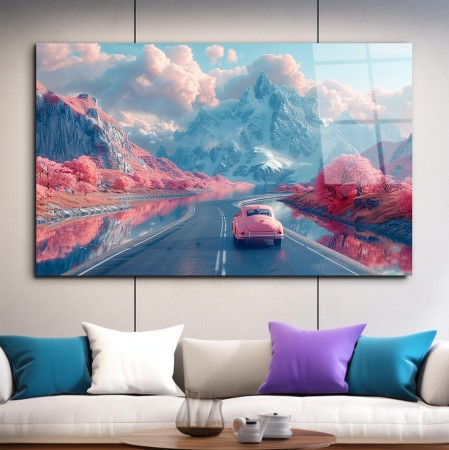 Pembe Yol Kenarı Cam Tablo