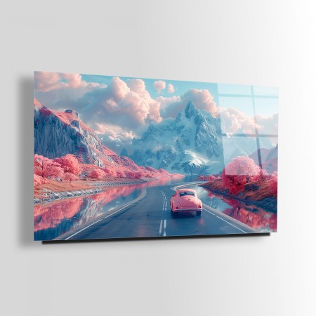 Pembe Yol Kenarı Cam Tablo