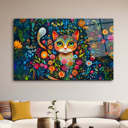 Renklenmiş Kedi Cam Tablo