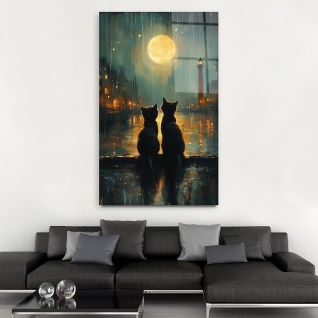 Romantik Kediler Cam Tablo