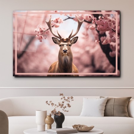 Sakura Ağacı Altındaki Geyik Cam Tablo