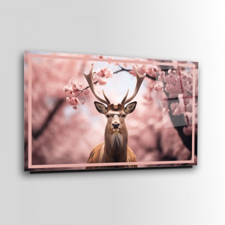 Sakura Ağacı Altındaki Geyik Cam Tablo