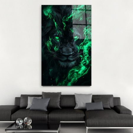 Yeşil Dumanlı Aslan Cam Tablo